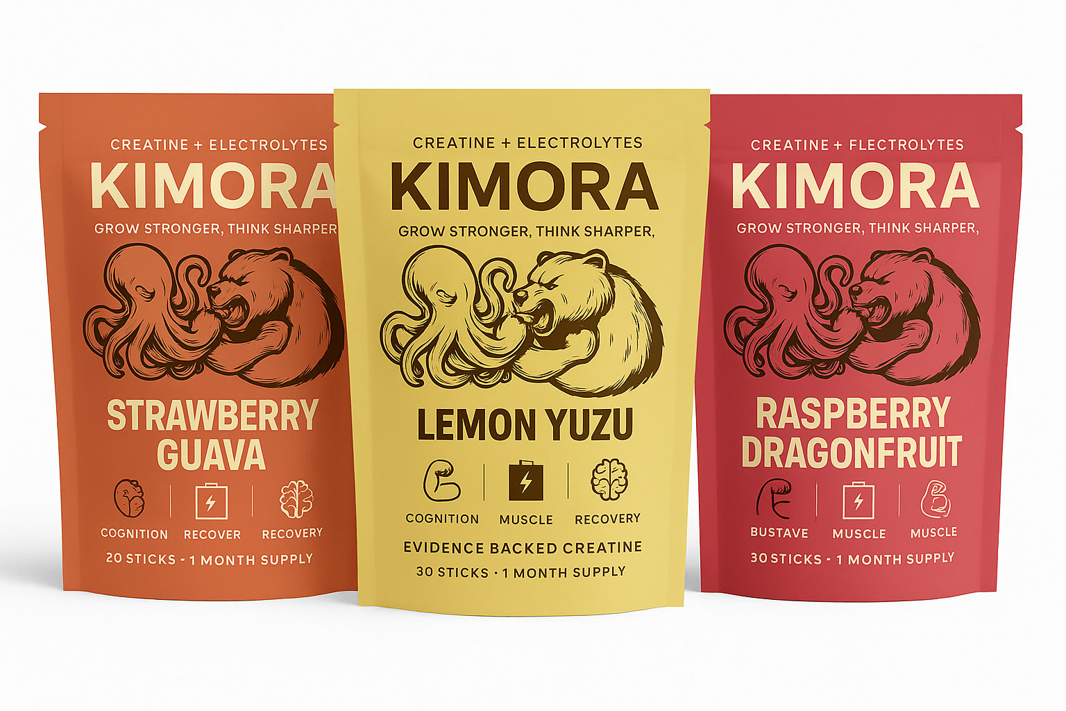 Kimora flavor lineup — Strawberry Guava, Lemon Yuzu, Raspberry Dragonfruit
